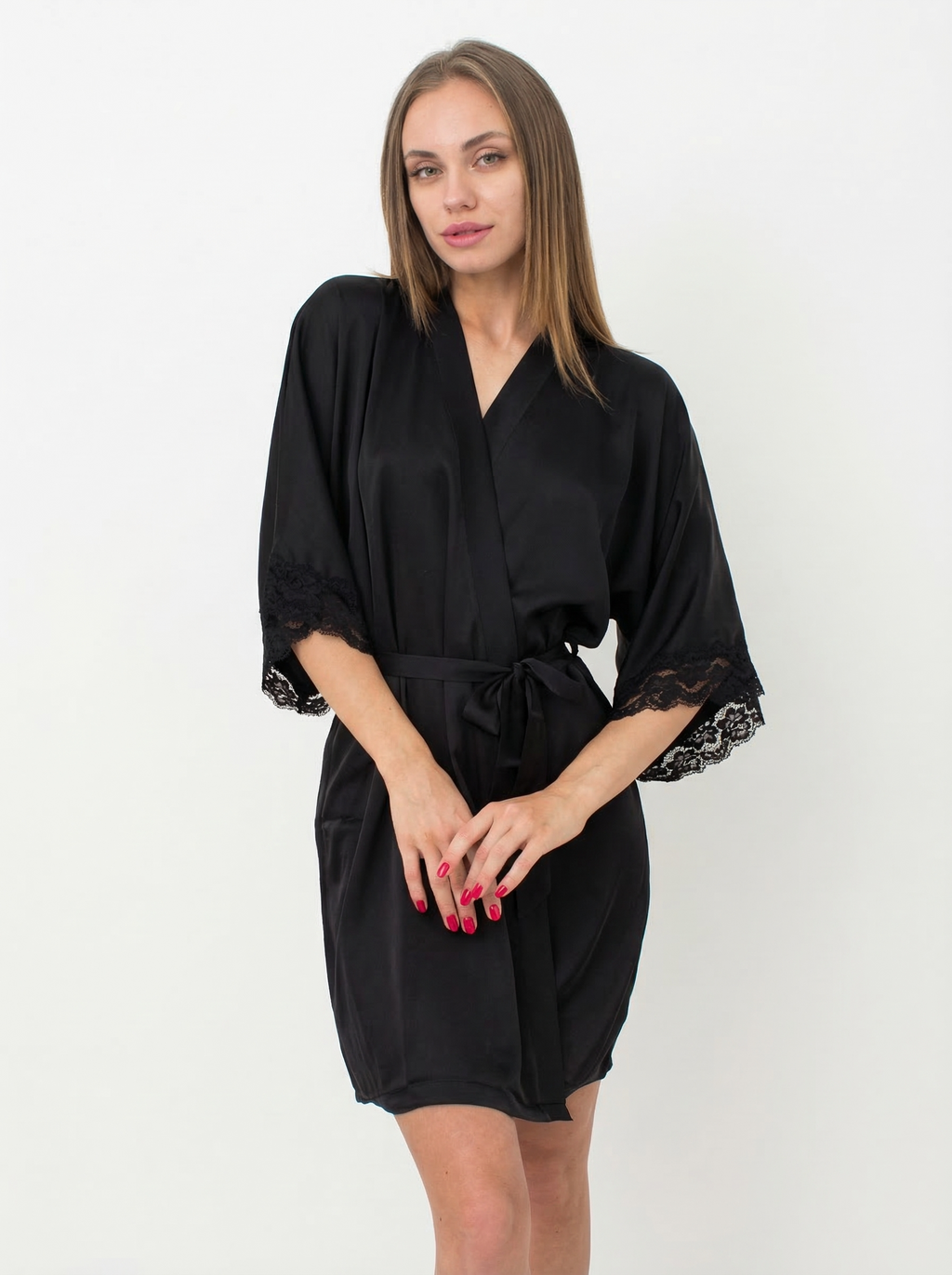 Kurzer Morgenmantel aus Seide und Spitze HELENA 7212/051 (black)