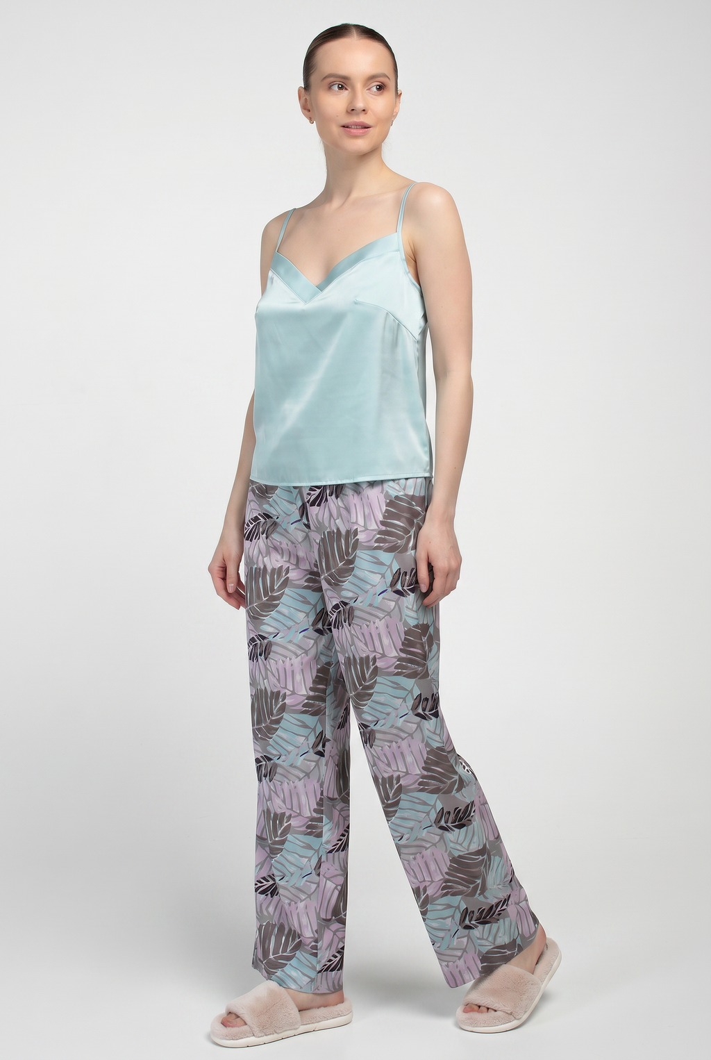 Langer Seidenpyjama LEAFSONG 5010/050 (gum leaf/mokko print)