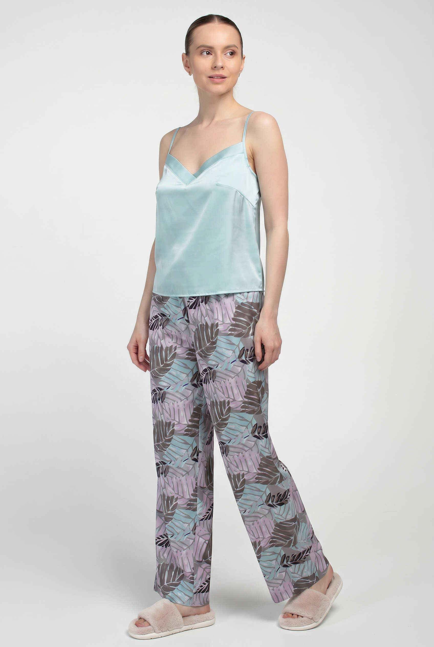 Langer Seidenpyjama LEAFSONG 5010/050 (gum leaf/mokko print)